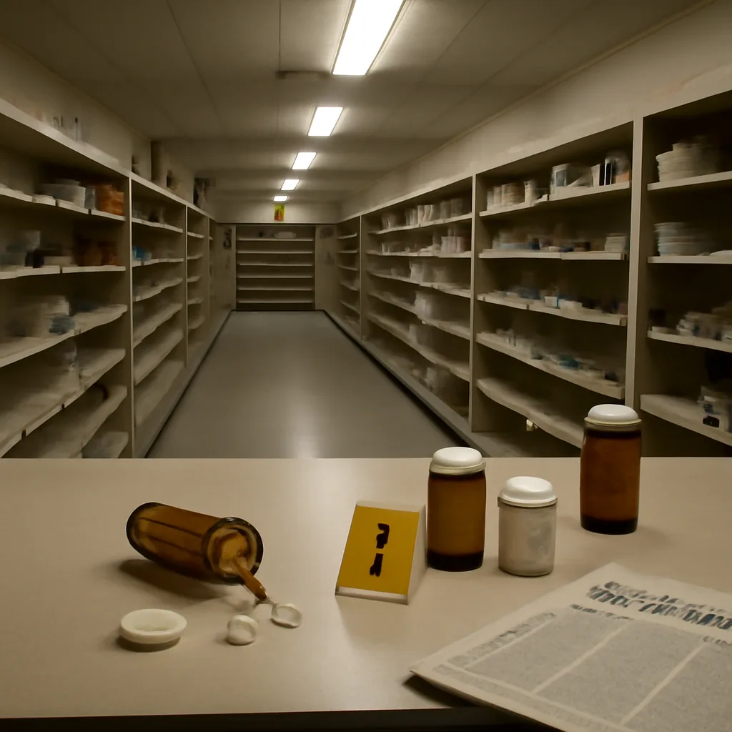 Historic pharmacy shelf with empty pill bottles and an evidence marker, representing 1982 capsule tampering and product recall.