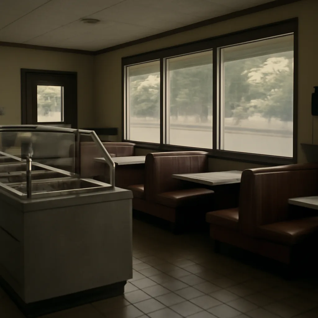 Interior of a small-town 1980s diner with empty salad bar stations and stainless-steel serving counters, conveying a 1980s Oregon setting and food-service environment.