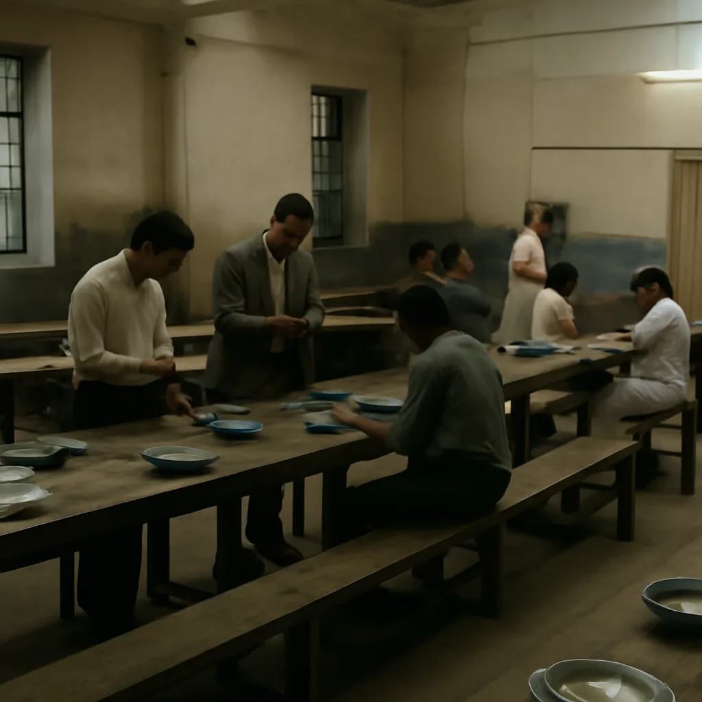 A 1980s communal dining hall with long tables and simple plates; officials in plain clothes examine overturned dishes while nearby clinics treat seated patients, captured in muted tones.