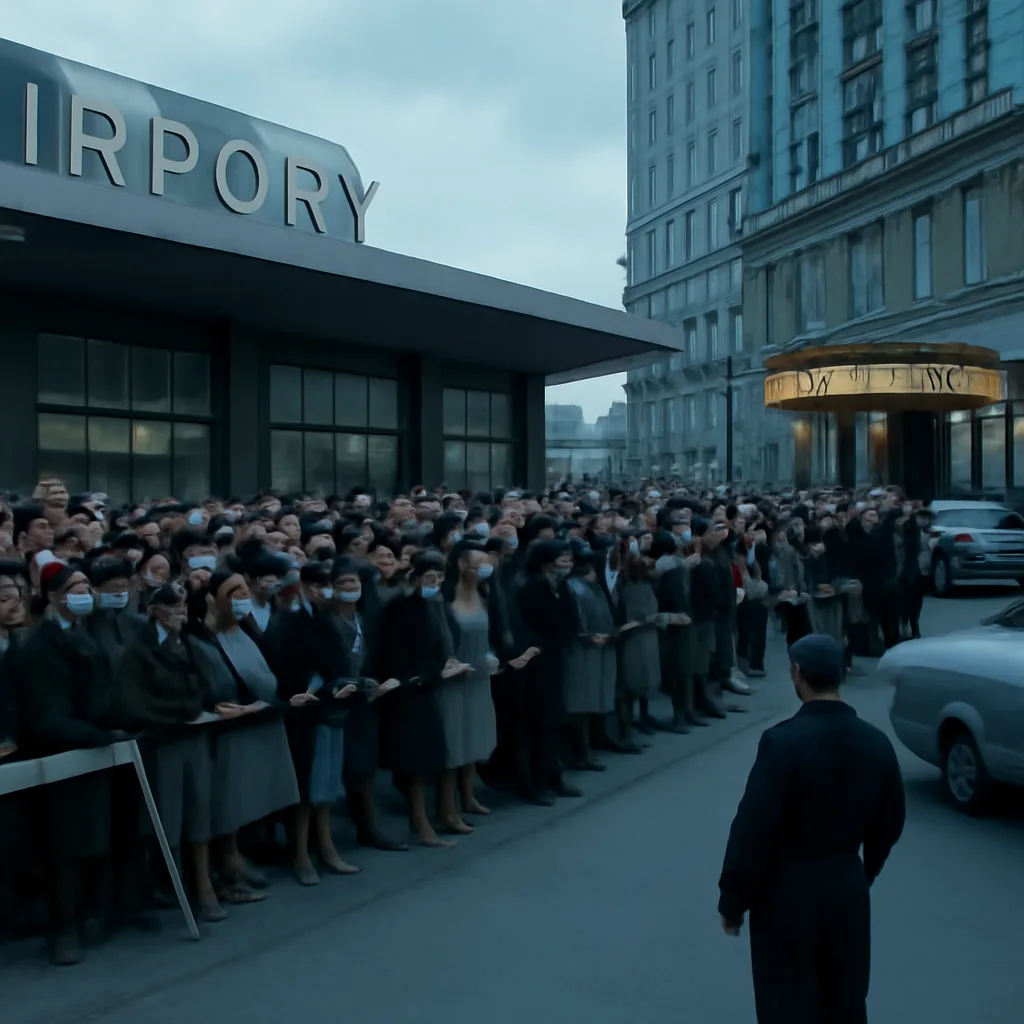 Crowds outside a 1960s airport terminal and the Plaza Hotel in New York, with signs of intense public interest but no identifiable faces.