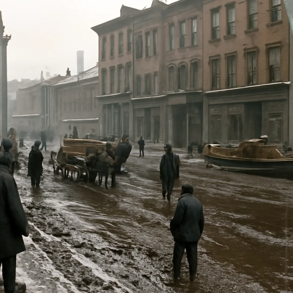 Historic urban street scene in Boston’s North End after the molasses tank collapse: streets and building facades coated in dark, sticky residue with workers and emergency responders clearing debris (no identifiable faces).