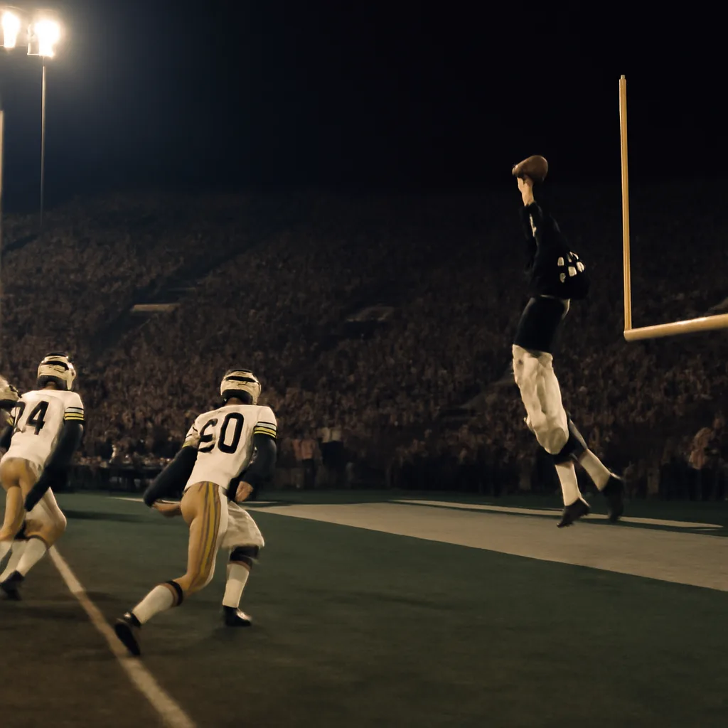 Wide view of a football stadium end zone at night showing a leaping receiver fully extended at the back corner of the end zone securing a high pass while defenders close in; vintage 1980s football uniforms and packed stands visible.