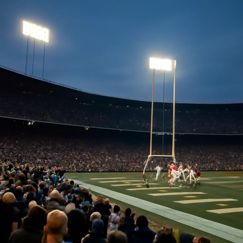 Wide shot of Candlestick Park on a cold evening in early January 1982, stadium lights on, fans in heavy coats; referee signaling touchdown near the end zone turf where a contested catch occurred.