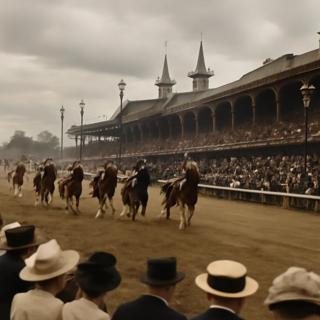 Early 20th-century horse race at a packed Churchill Downs with wooden railings, period racing silks, and spectators in era-appropriate dress watching from grandstands.