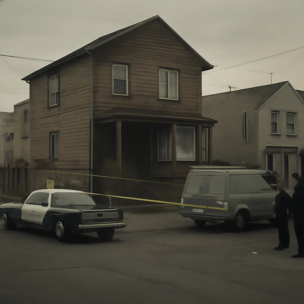 Exterior of a modest 1970s-era communal house in an urban neighborhood; police tape and a few municipal vehicles parked outside, conveying a welfare-check investigation scene.