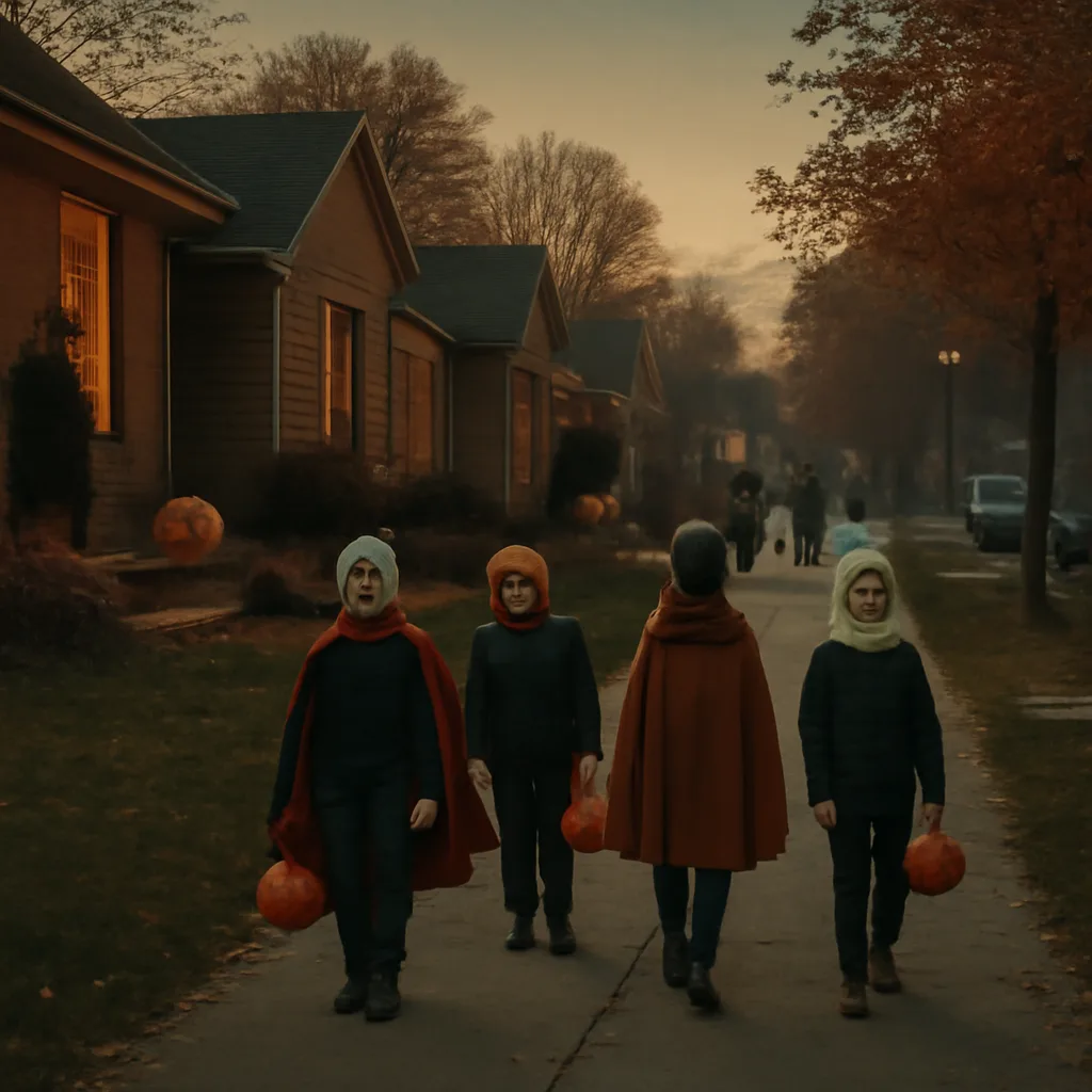 1970s suburban street at dusk with children wearing simple Halloween costumes and houses decorated modestly for autumn; a few parents nearby, no identifiable faces.