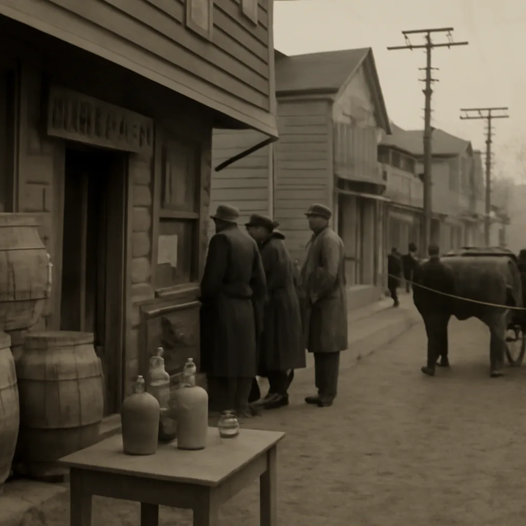 A 1920s street scene outside a small distillery or tavern, showing barrels and jugs of spirits and a notice posted by local health officials warning against contaminated liquor.