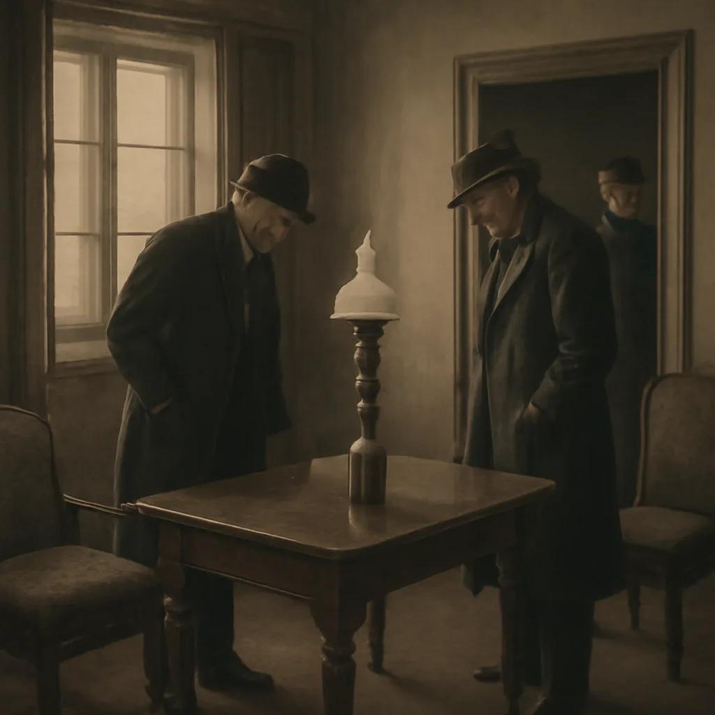 Early 20th-century interior of a dimly lit room with closed windows and simple furnishings, showing a small metal canister on a table and a policeman examining the scene; atmosphere tense and investigative.