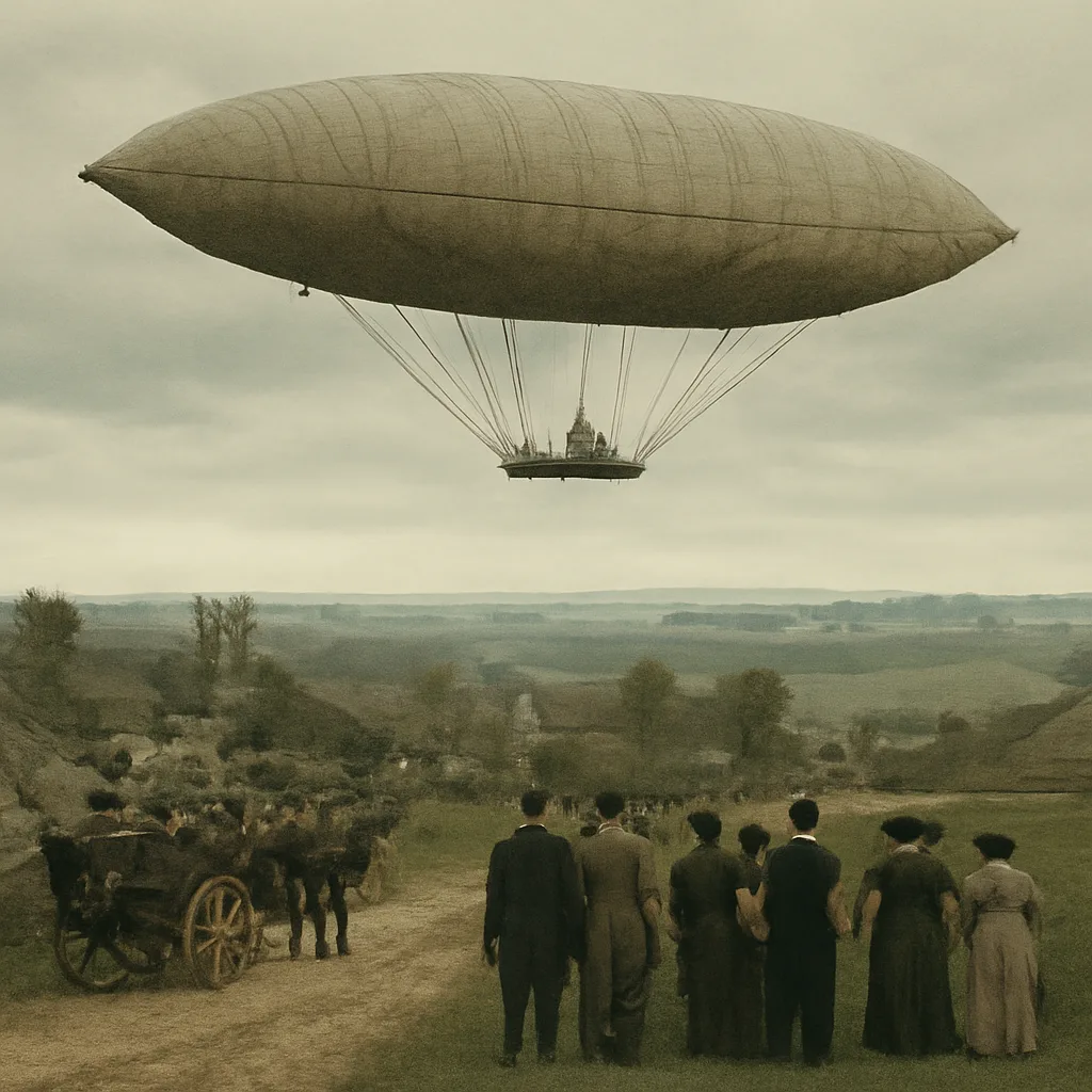 A 19th-century elongated hydrogen airship ascending over a rural English landscape with small clusters of spectators and horse-drawn carts watching; overcast sky, no identifiable faces.