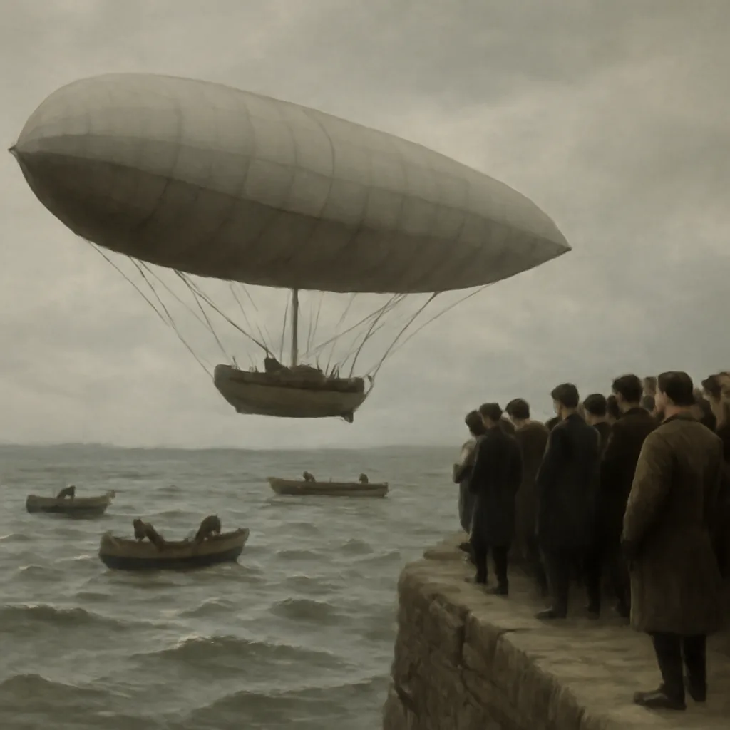 A 19th-century hydrogen airship demonstration over a gray North Sea; small rowboats on the water and onlookers on a stone pier, with no visible wreckage.