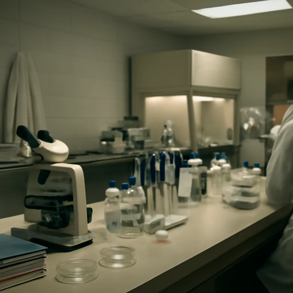 Laboratory workspace with microscopes, petri dishes, and pipettes on a bench, evoking early 2000s stem-cell research without showing identifiable people.