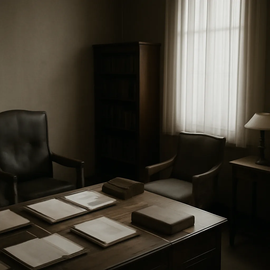Early 20th-century consulting room with a doctor’s chair, writing desk, patient’s chair, medical texts, and a volume of Journal of Abnormal Psychology on the desk; period-appropriate furnishings and attire implied but no identifiable faces.