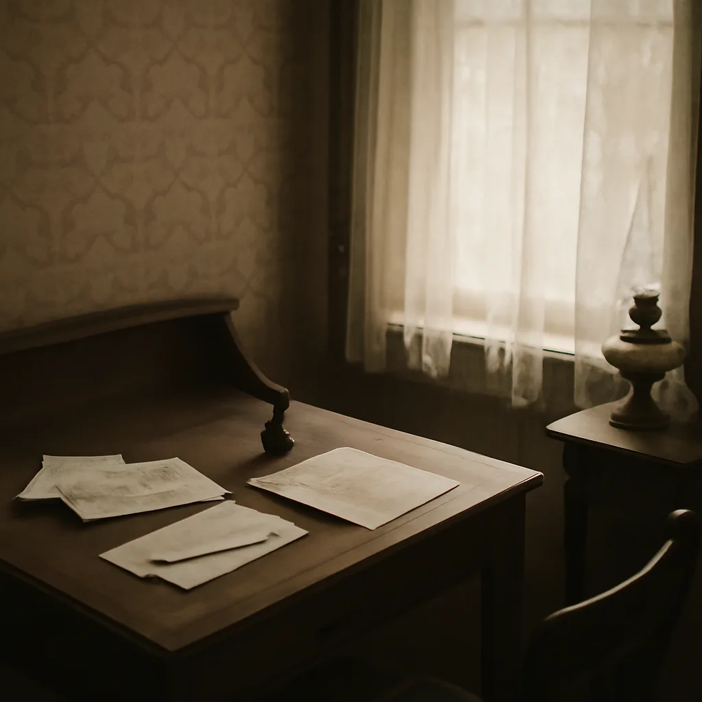 Early 20th-century parlor with writing desk, ink bottle, folded letters and a telegraph form on a table — scene suggesting private written correspondence in 1910.