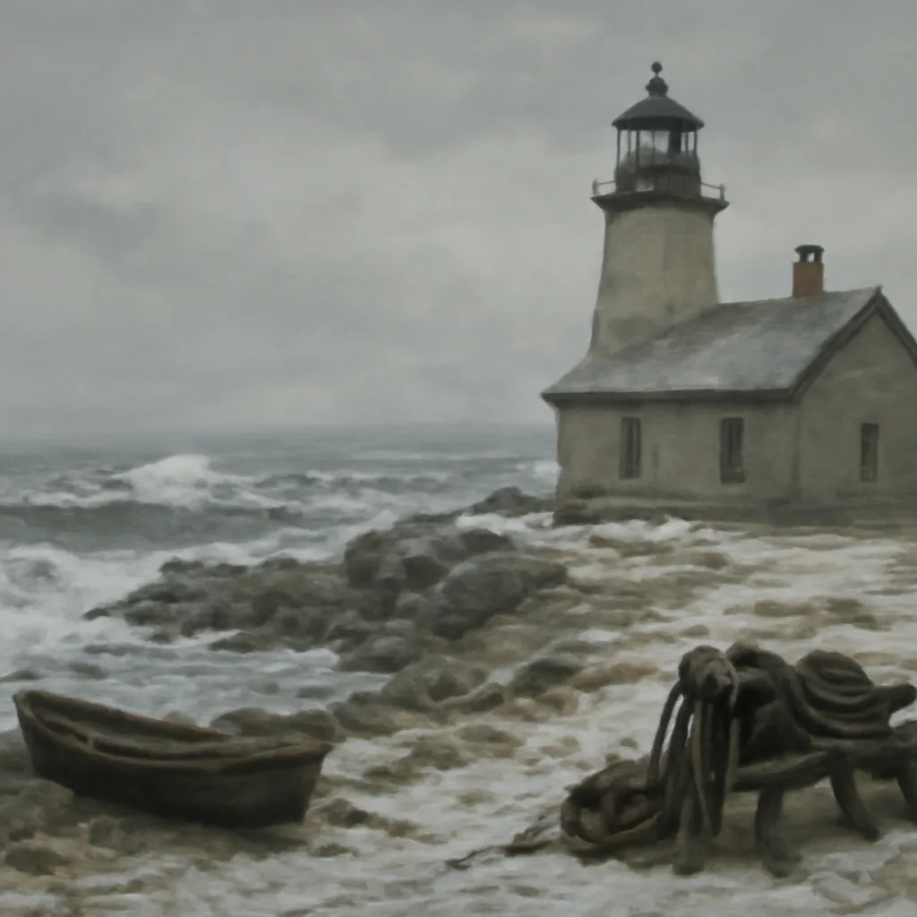 A remote late-19th-century coastal lighthouse station in winter: a stone or wooden tower beside rough, wind-whipped sea and a small supply boat at a rocky landing, viewed from some distance under overcast skies.
