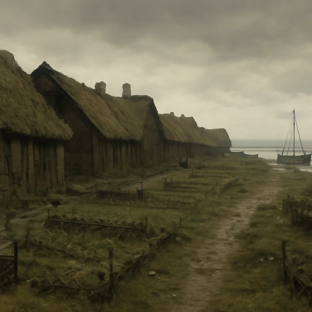 A late 16th-century coastal village of wooden longhouses and thatch, visibly abandoned with overturned baskets and unharvested crops, viewed from a low hill under overcast skies.