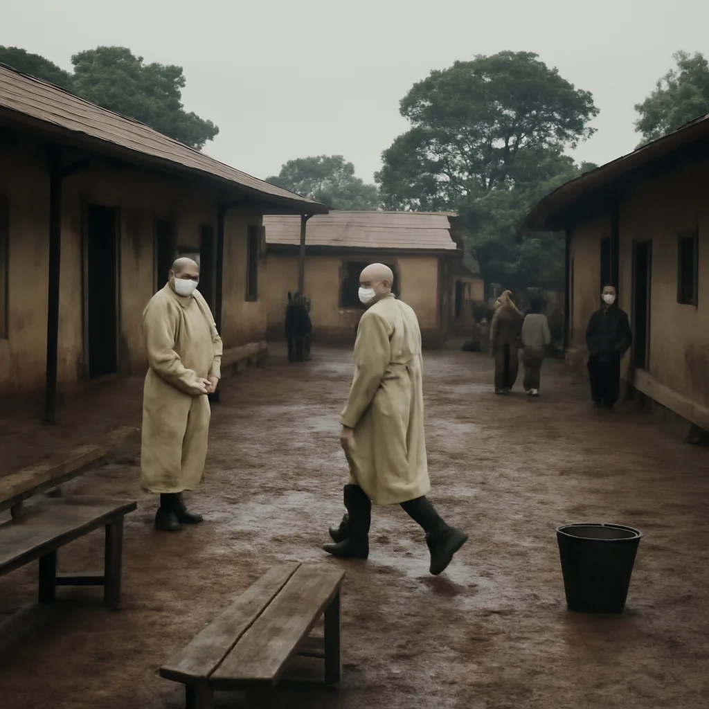Rural central African clinic setting in the 1970s: simple buildings, medical staff in period-appropriate protective clothing, patients and caregivers nearby; no identifiable faces.