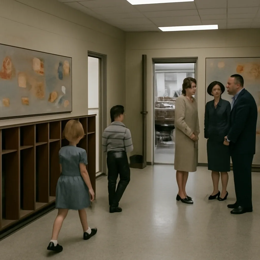 Interior of a 1960s elementary school hallway with children gathered, teachers and a few adults conversing; décor and clothing consistent with the era, no identifiable faces.