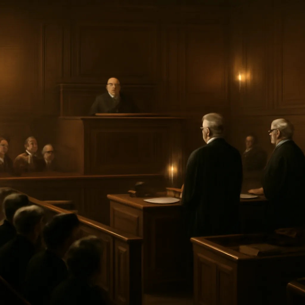 Mid-19th-century courtroom scene with presiding judge, lawyers, and seated observers; candlelight or gaslight, period dress, no identifiable faces.