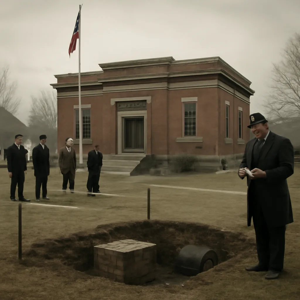 Historical scene of a small-town municipal building and a group of mid-20th-century townspeople gathered outdoors near a marked excavation site where a time capsule was being exhumed, with shovels and a wooden crate visible.