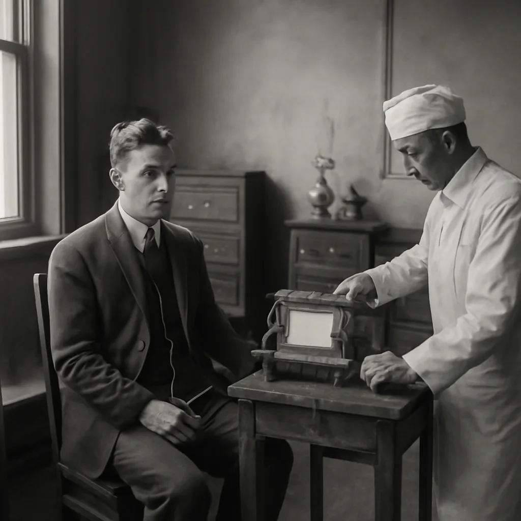 Early 20th-century laboratory scene with a clinician operating a chart recorder connected by tubes and wires to a seated subject; instruments and paper traces on a desk, period clothing from the early 1920s.