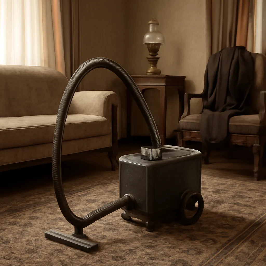 Early 20th-century electric vacuum cleaner displayed in a domestic parlor with hose and nozzle; furniture and clothing reflect circa 1908 styles.