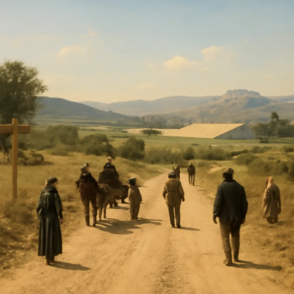 Rural road between the plain of Marathon and Athens with a distant Panathenaic Stadium, late 19th-century horse-drawn carts and pedestrians along the route.