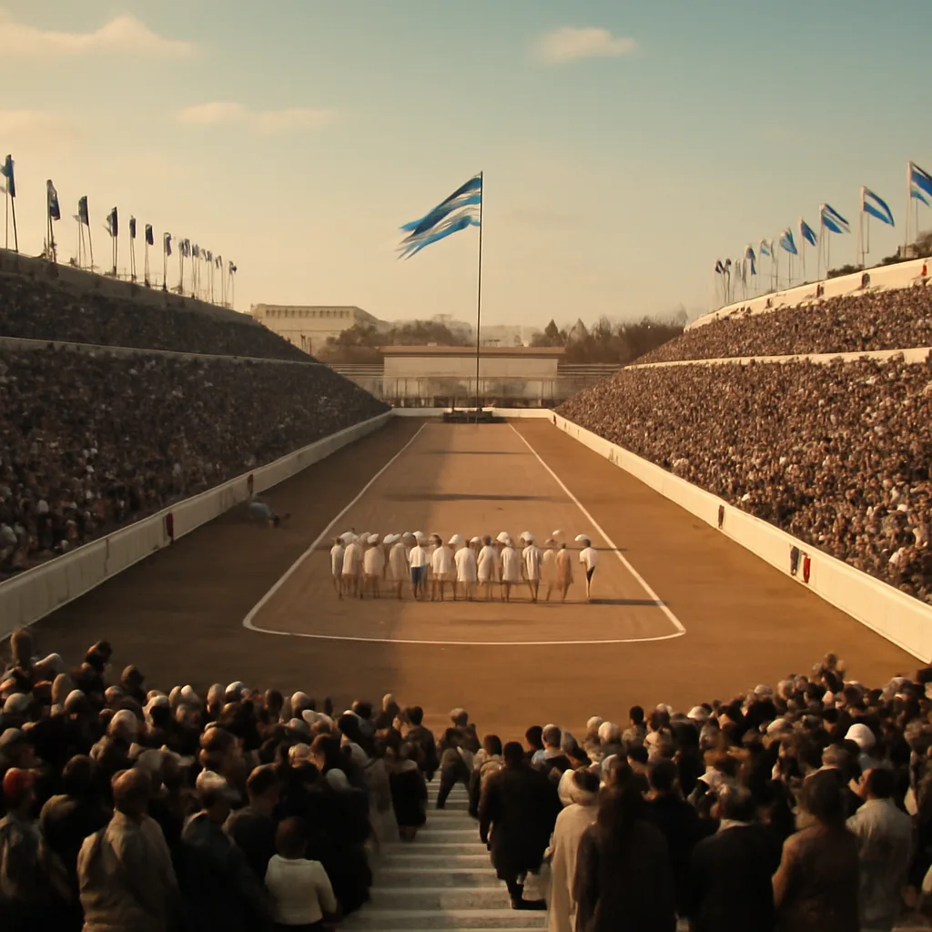 Panathenaic Stadium in Athens filled with spectators during the 1896 Olympic opening ceremony, showing marble seating and athletes assembled on the track.