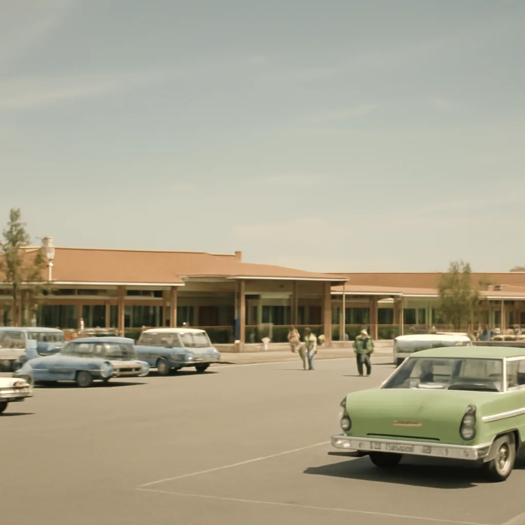 Exterior view of Southdale Center-style midcentury suburban shopping mall: broad parking lot, low horizontal building with large storefront windows, a central entrance under a canopy and period cars from the 1950s in the lot.