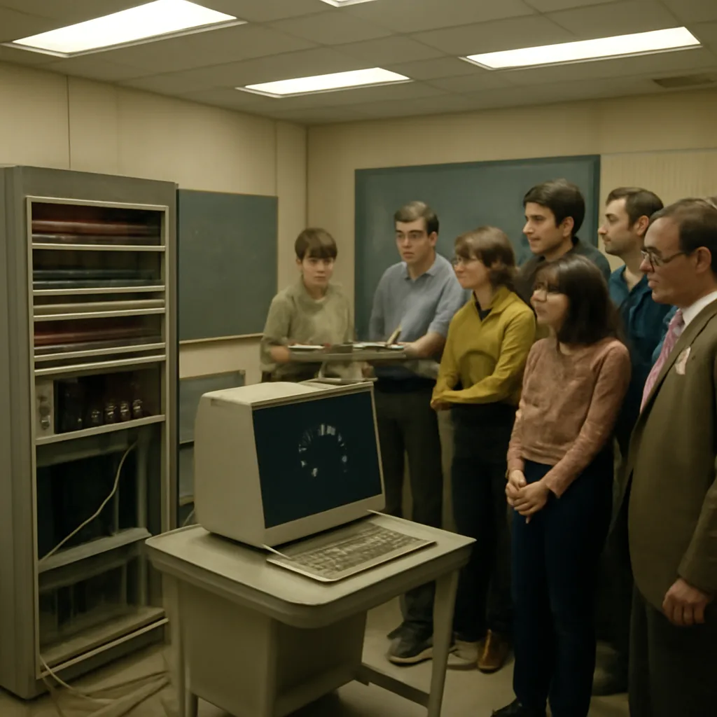A 1970s university computing room showing a PDP-11 terminal with observers gathered around watching a two-ship Spacewar! match displayed on a vector monitor.