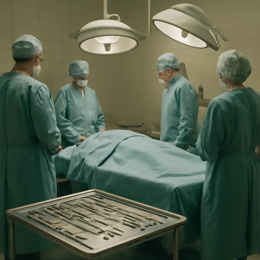 A 1950s operating room with surgeons in period surgical attire preparing a kidney transplant; surgical instruments and an operating table visible, no identifiable faces.