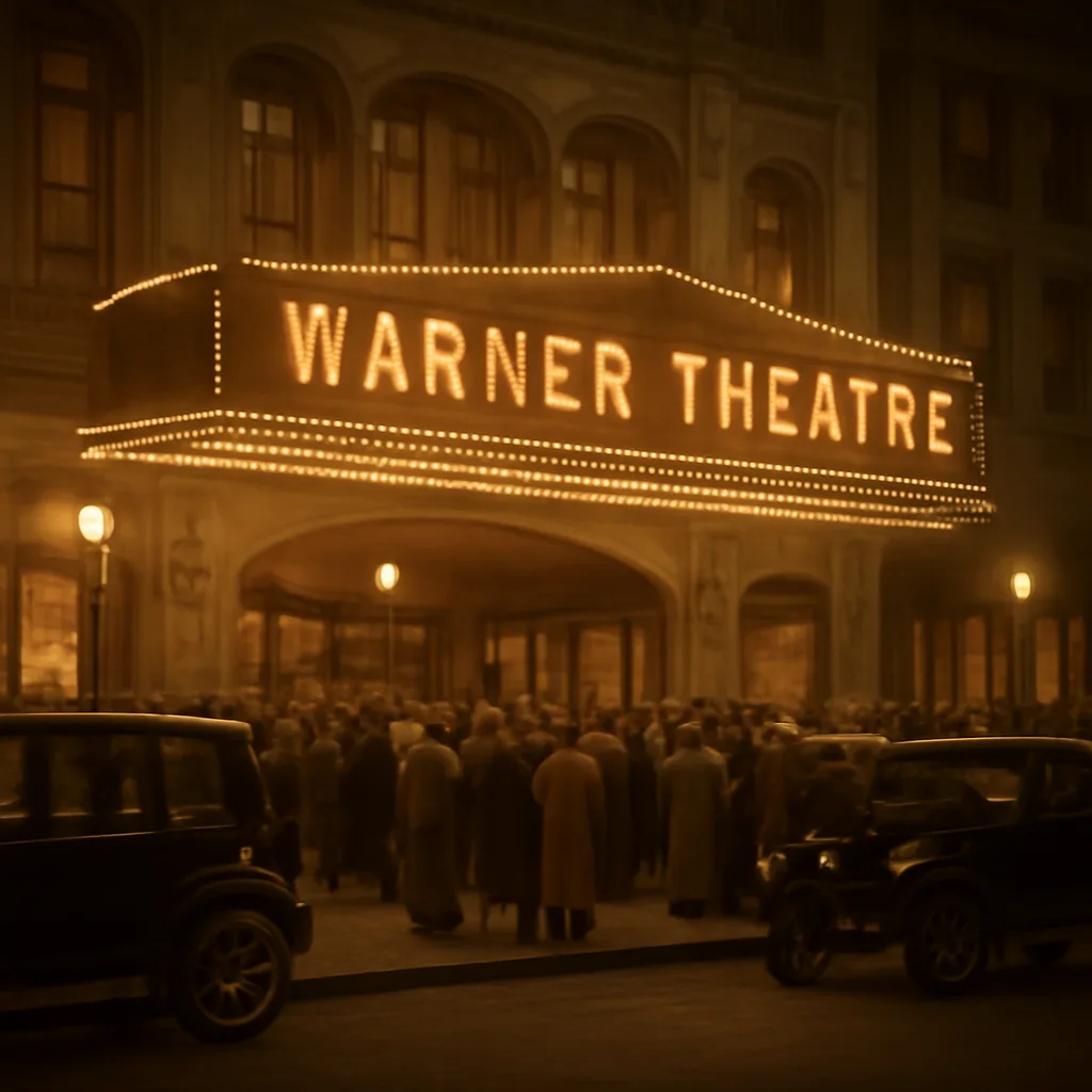 An early 20th-century movie palace exterior with a marquee announcing The Jazz Singer; period-dressed crowds and vintage automobiles on the street.