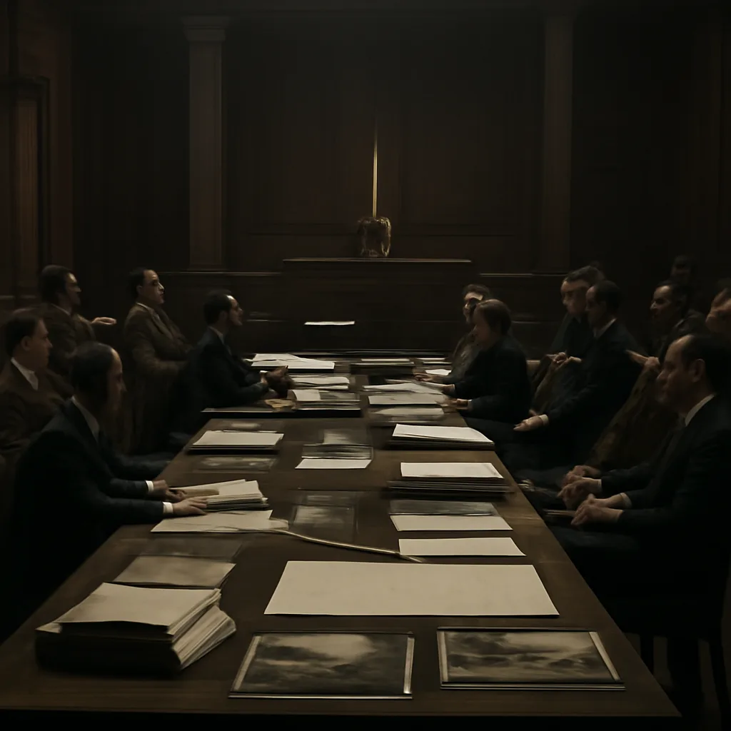 Courtroom scene of postwar medical trial documents and lawyers at tables, 1940s European tribunal setting without identifiable faces.