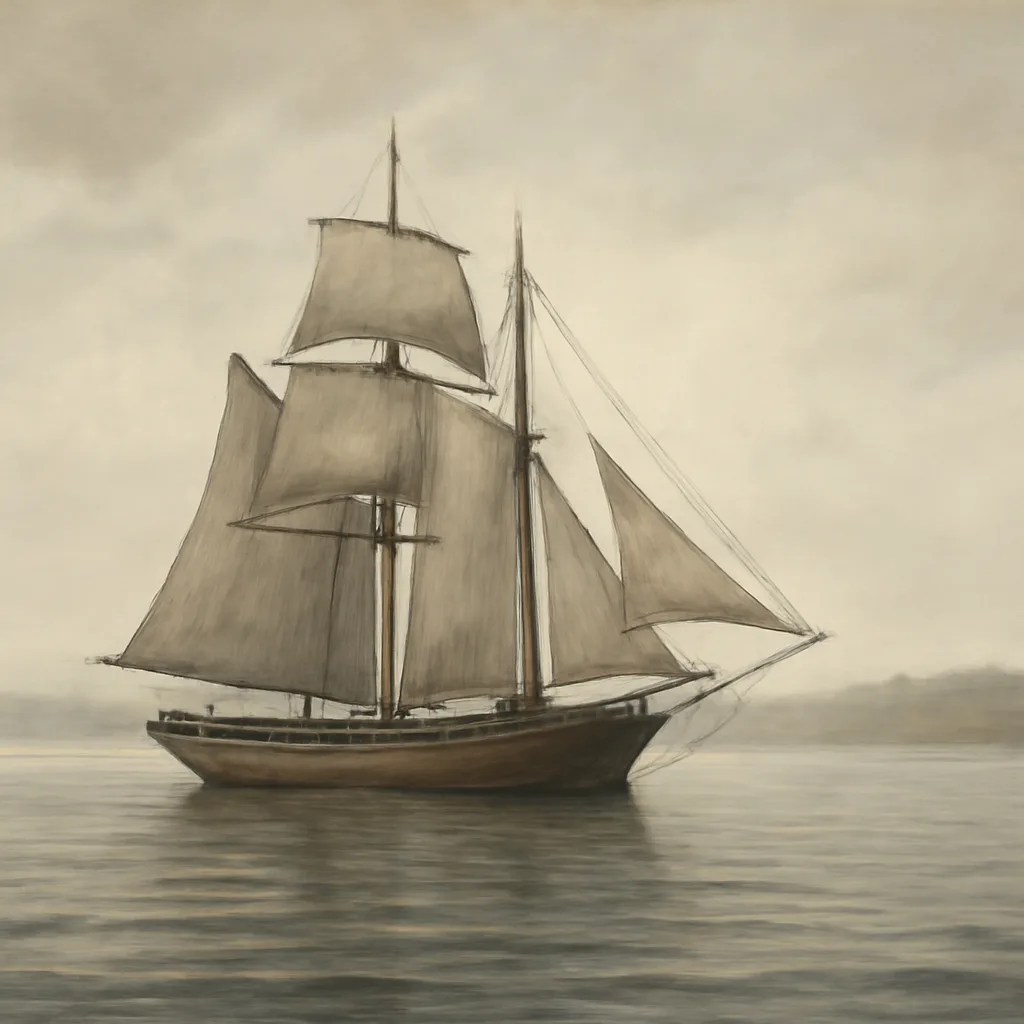 A 19th-century wooden brigantine under sail on calm Atlantic waters near a dim coastline, viewed from a distance with no visible people.