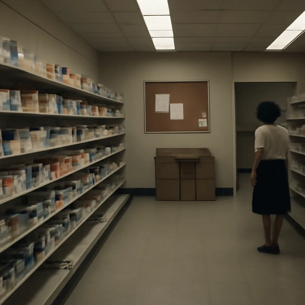 Bottles of over-the-counter medication on a store shelf with tamper-evident seals removed, circa early 1980s retail setting.