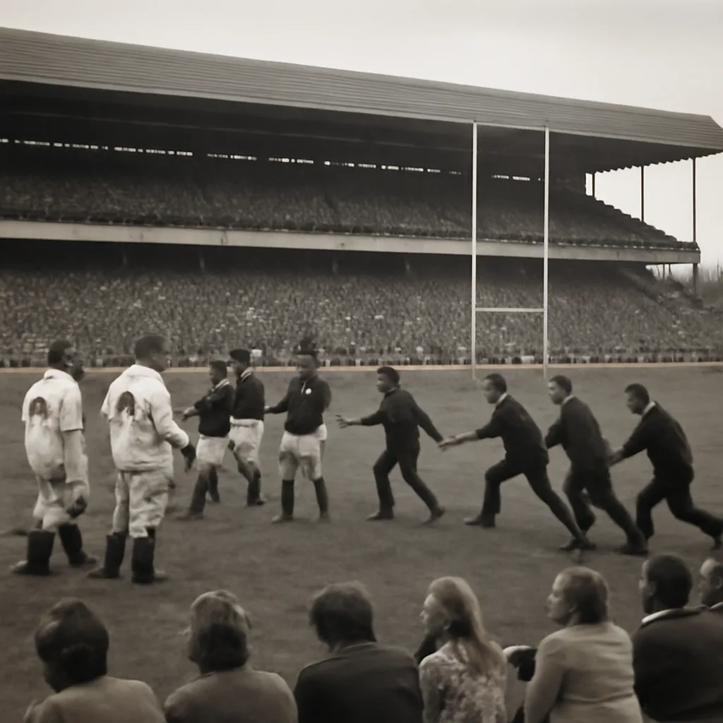 A crowded Twickenham Stadium pitch and stands in the 1970s with stewards and players reacting to a pitch intruder during an England v Wales rugby match.