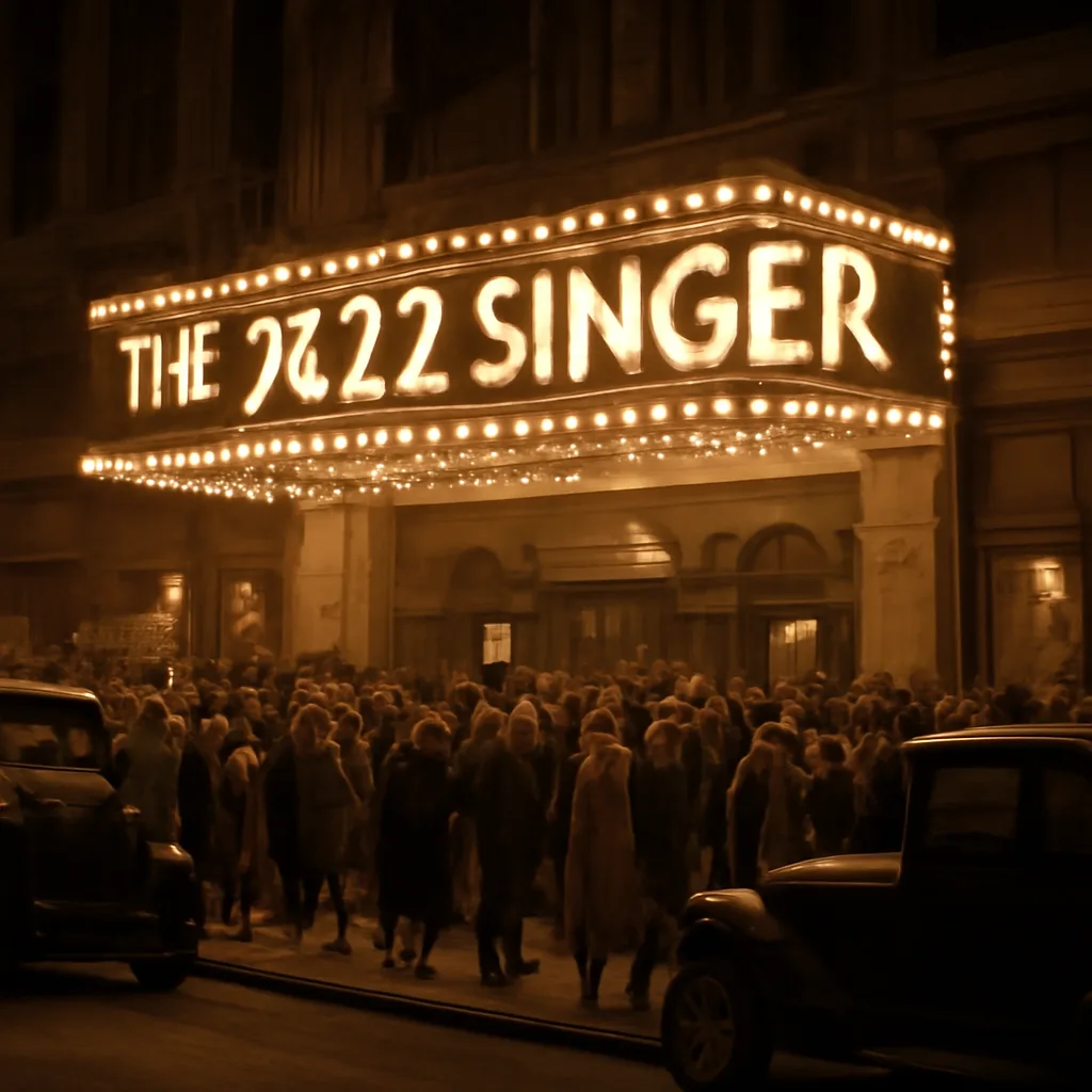 Crowd outside the Warner Theatre in New York on premiere night in 1927, with marquee advertising The Jazz Singer; 1920s street dress and theater signage visible.