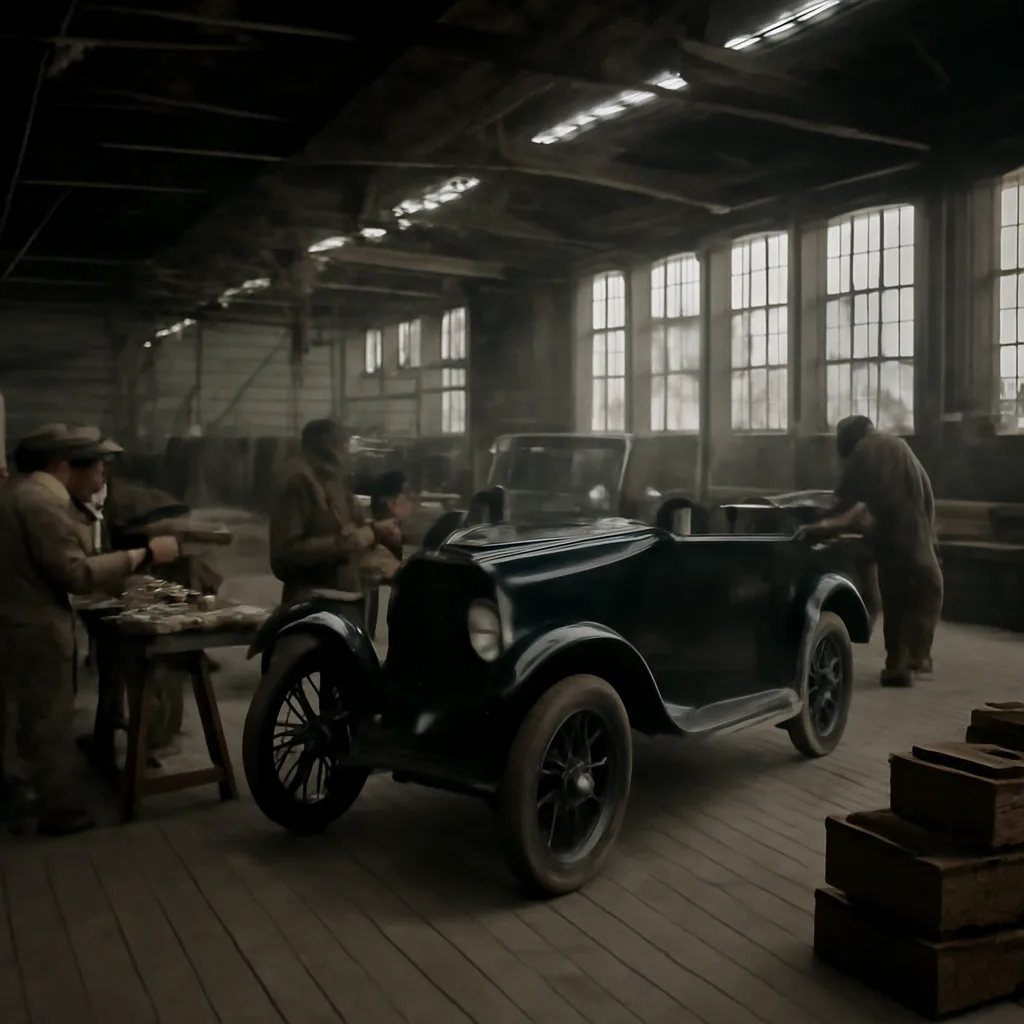 Workers assembling the first Volvo ÖV 4 tourer at the Hisingen factory in Gothenburg, 1927; an open-top four-seater on a factory floor with early 20th-century tools and equipment visible.