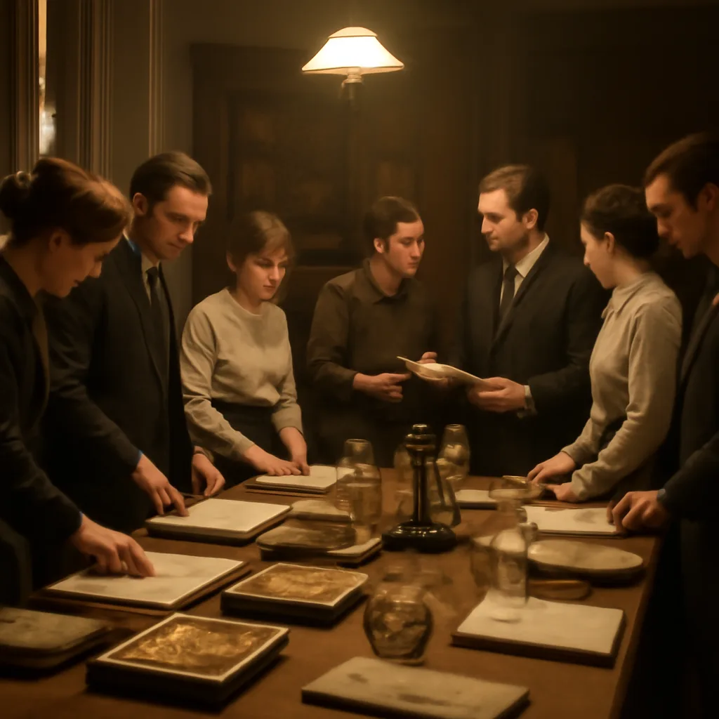 Early 20th-century laboratory or academic meeting room with paperwork, microscopes and specimen trays on a wooden table, scholars examining evidence under gaslight-era lamps.