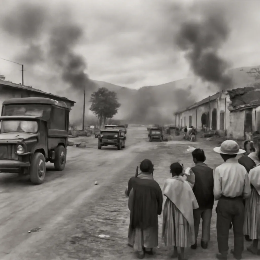 Smoke rising over a rural border road with damaged buildings and military vehicles near a Central American border in 1969, civilians at a distance; scene shows wartime damage and smoke.