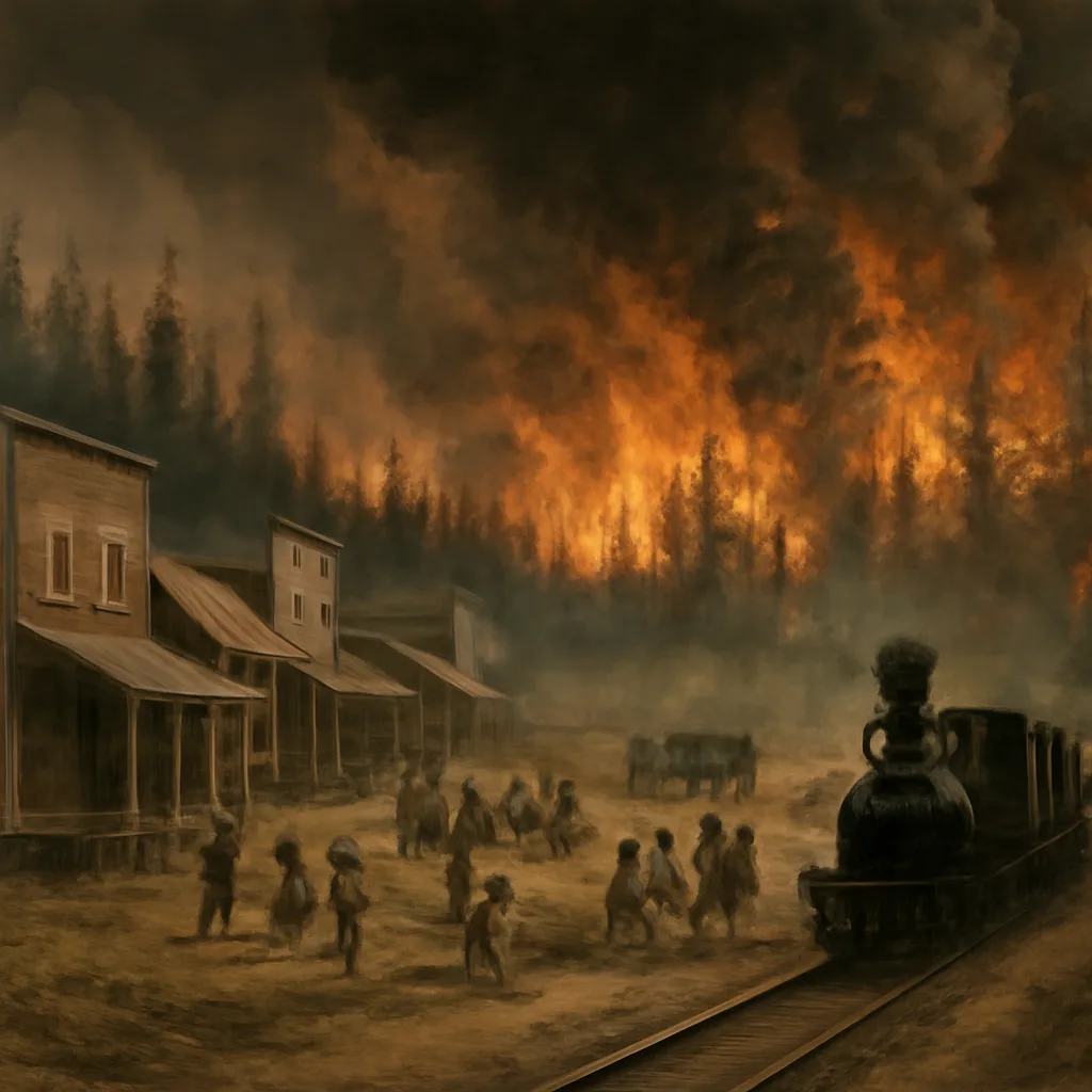 Late 19th-century town and surrounding pine forest engulfed in smoke and flames; residents and railroad tracks visible in foreground, buildings burning or collapsed.