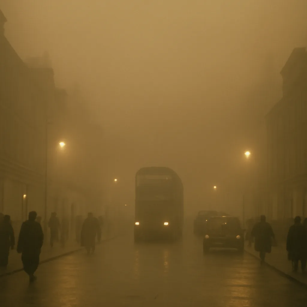 Dense 1950s London street scene shrouded in thick smoke-like smog, with reduced visibility, indistinct figures in period clothing and 1950s vehicles, gas lamps and shopfronts partially obscured.