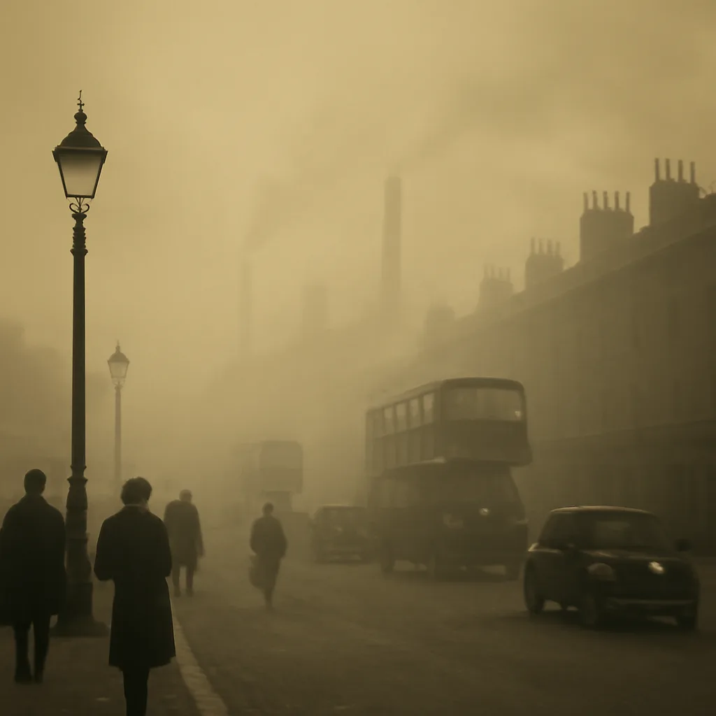 Dense yellow-black smog blanketing mid-20th-century London streets with limited visibility, street lamps glowing through haze and coal-fired chimneys releasing smoke.