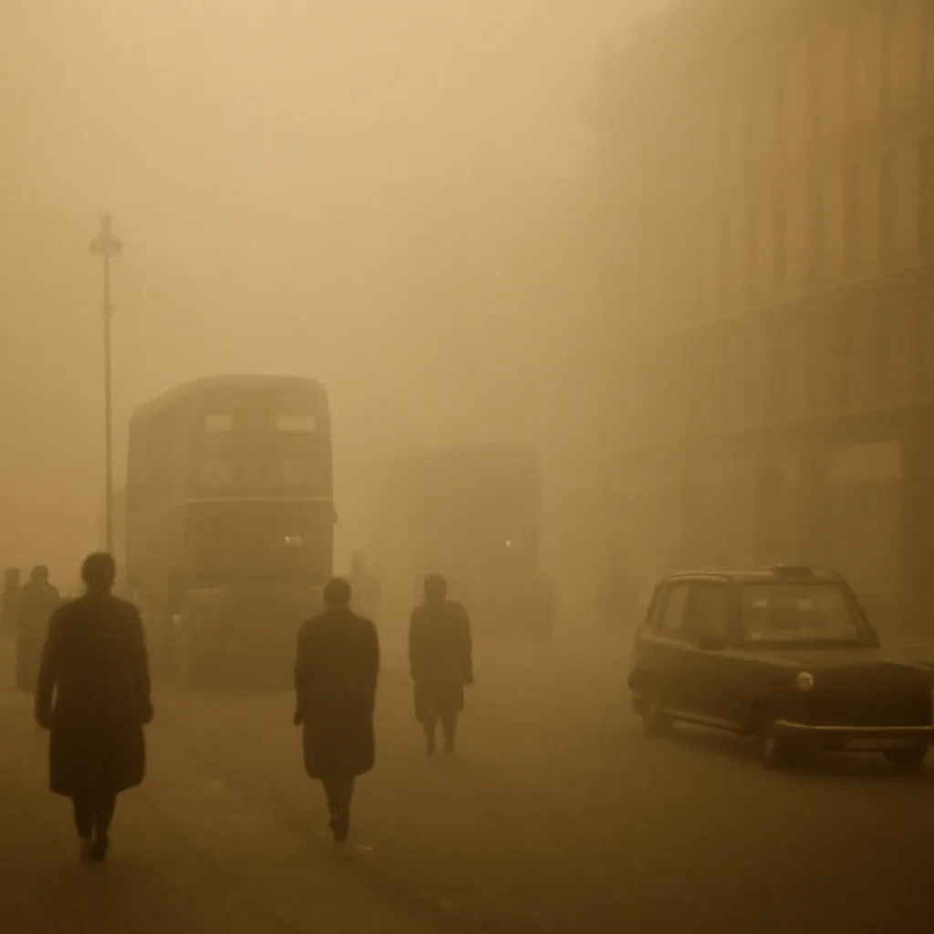 Dense, yellow-brown smog over mid-20th-century London streets with reduced visibility, vintage vehicles and people in period clothing using umbrellas and coats; signage and architecture consistent with 1950s London; no identifiable faces.