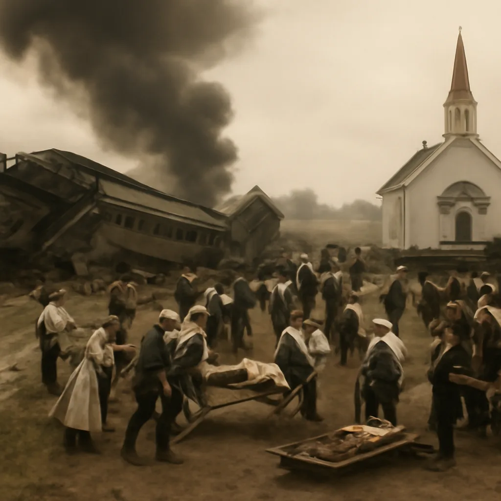 Wrecked wooden passenger cars piled beside a rural single-track line, smoke rising with rescuers and townspeople clustered nearby under overcast sky.