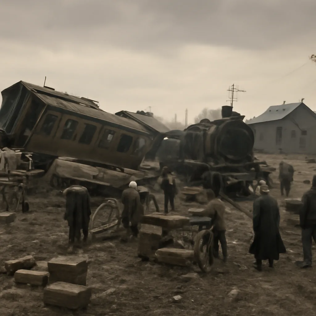 Early 20th‑century steam locomotives and derailed passenger cars at a rural rail site after a multi‑train collision; damaged wooden coaches and salvage crews with horse‑drawn wagons visible.
