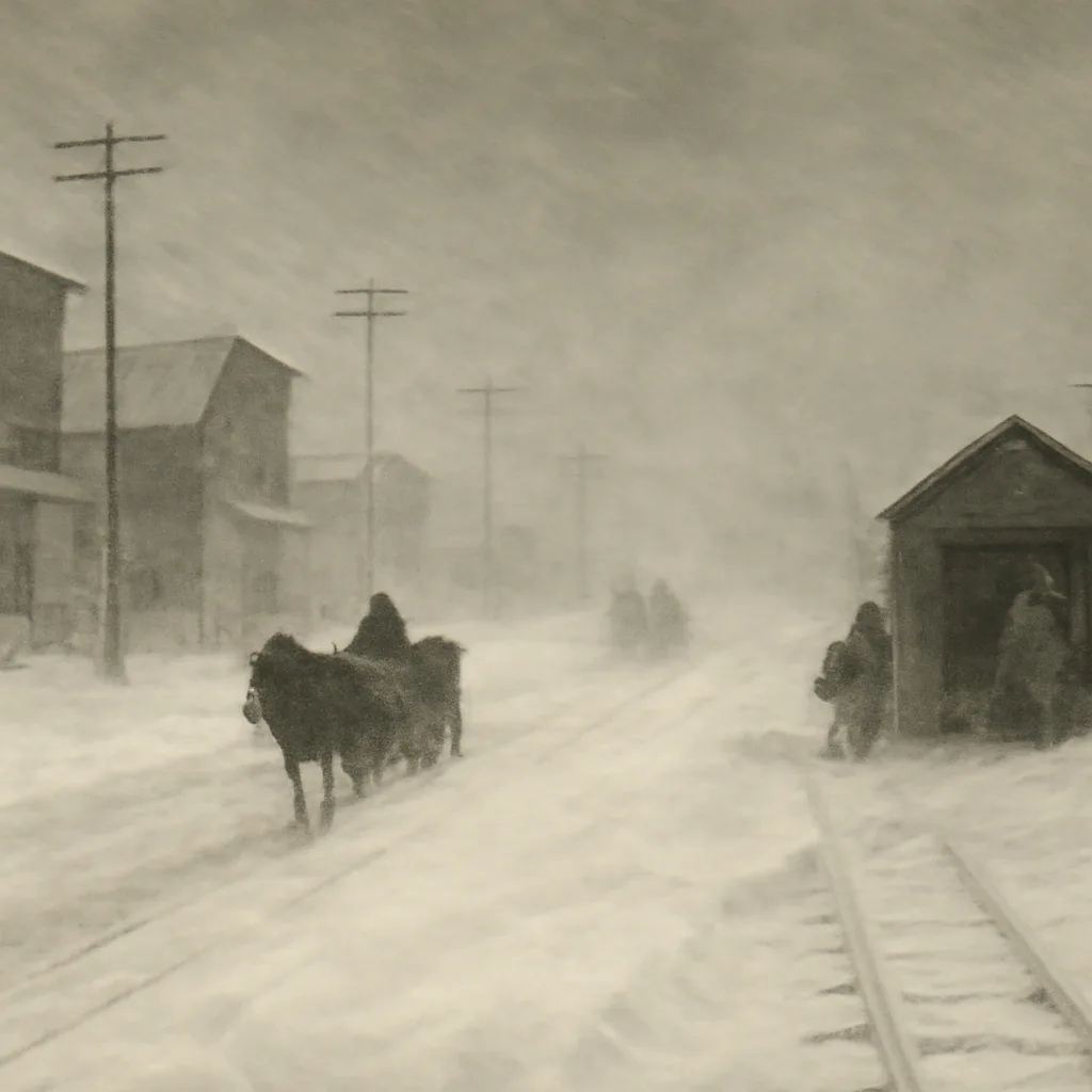 Wide snow-covered street and railroad tracks partially buried by drifts, horse-drawn sleighs and bundled figures near wooden storefronts under a gray winter sky, circa early 20th century.