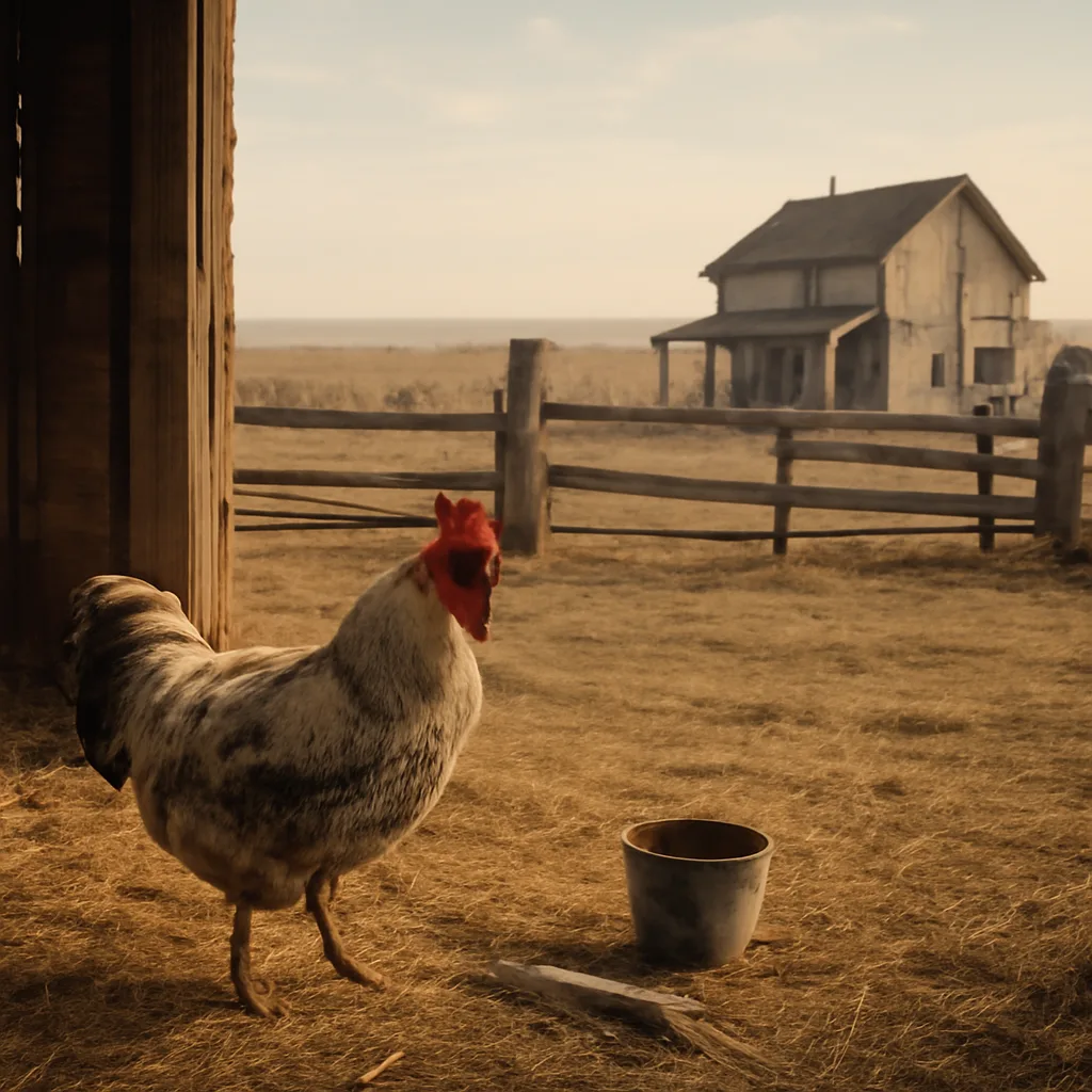 A mid-20th-century farm scene: a partially feathered rooster standing on straw in a wooden coop, with a bucket and a farmhouse in the background.