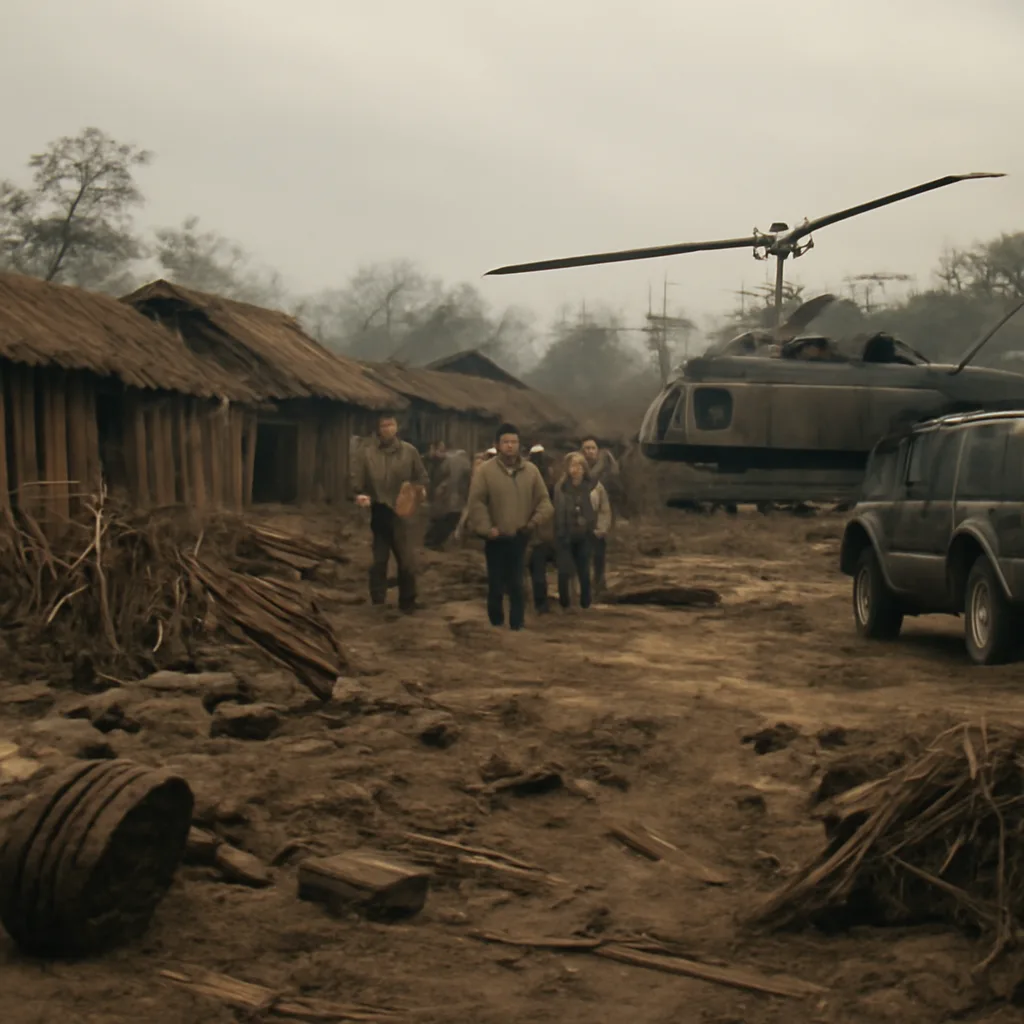 Rural Vietnamese hamlet of the 1960s with damaged thatch-roof houses, scattered belongings, and military vehicles nearby; empty fields and simple wooden structures indicating a wartime scene.
