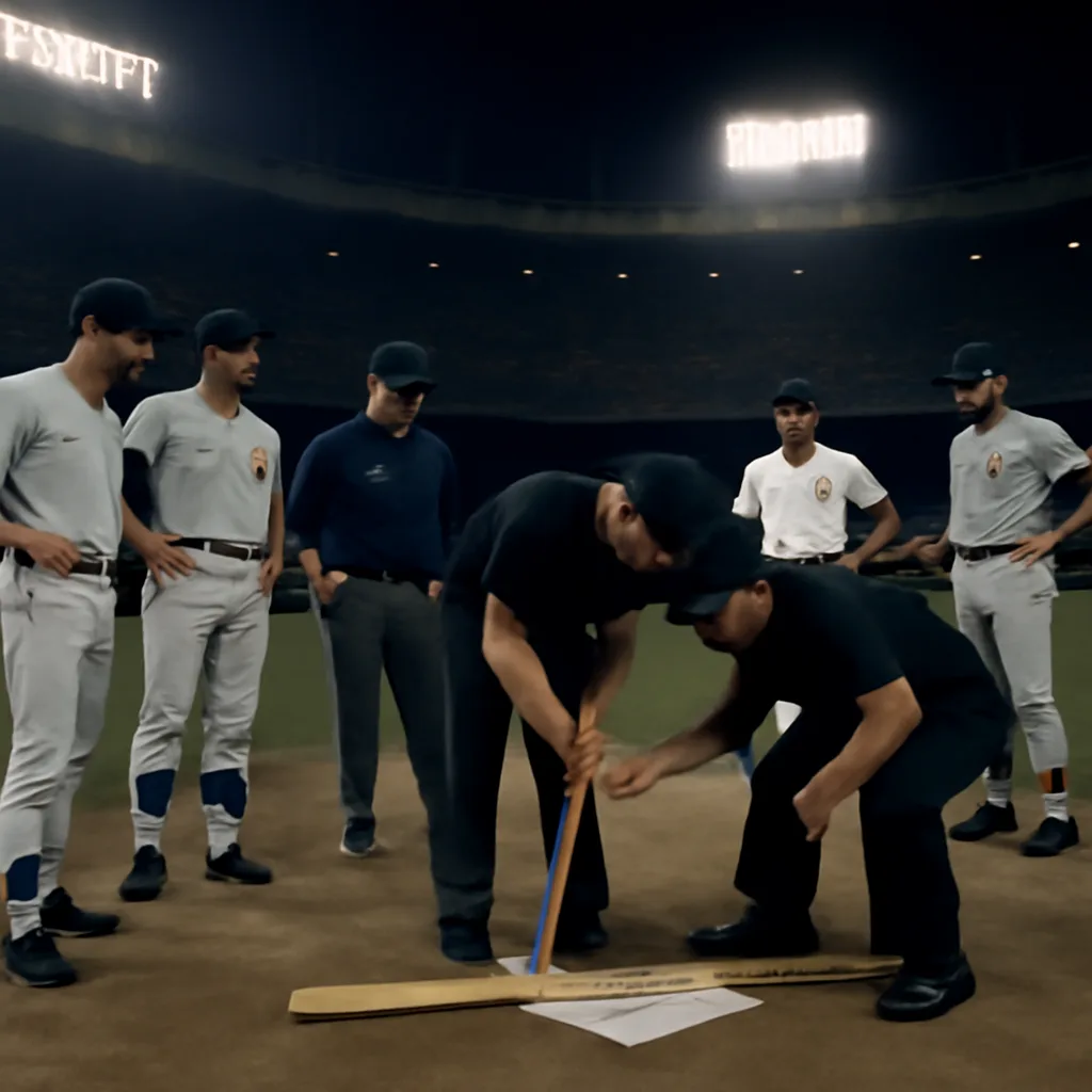 George Brett’s bat being measured against home plate by umpires at Yankee Stadium after his July 24, 1983 home run; stadium seating and on-field umpires visible.