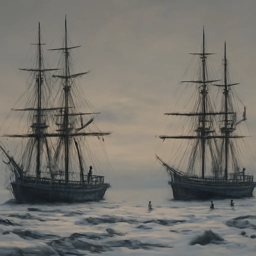 Two mid-19th-century Royal Navy ships beset by Arctic sea ice in a muted polar landscape, with scattered ice floes and low winter light; no identifiable faces.